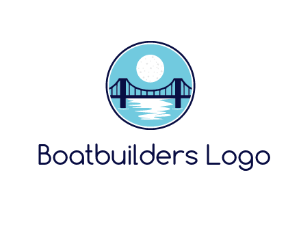 circular logo with a suspension bridge and the moon shining over water