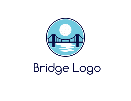 circular logo with a suspension bridge and the moon shining over water