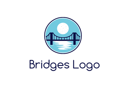 circular logo with a suspension bridge and the moon shining over water