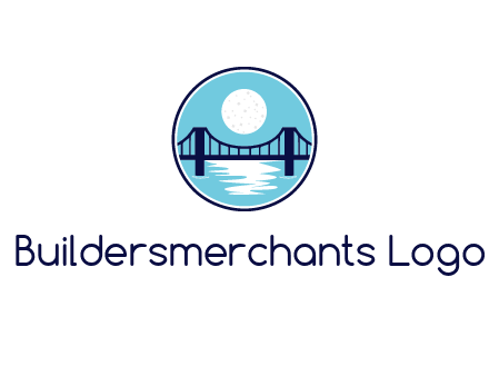 circular logo with a suspension bridge and the moon shining over water
