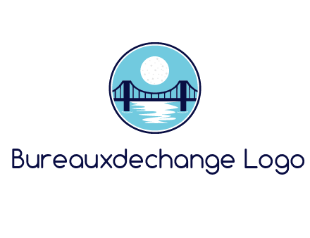 circular logo with a suspension bridge and the moon shining over water