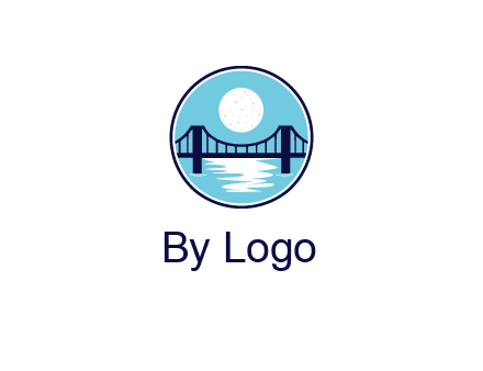 circular logo with a suspension bridge and the moon shining over water