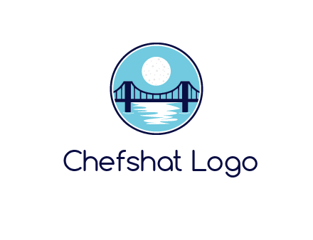 circular logo with a suspension bridge and the moon shining over water