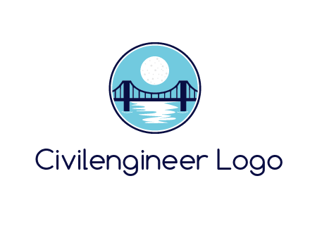 circular logo with a suspension bridge and the moon shining over water