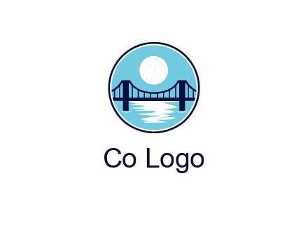 circular logo with a suspension bridge and the moon shining over water