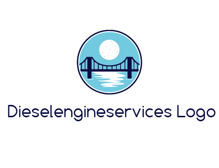 circular logo with a suspension bridge and the moon shining over water