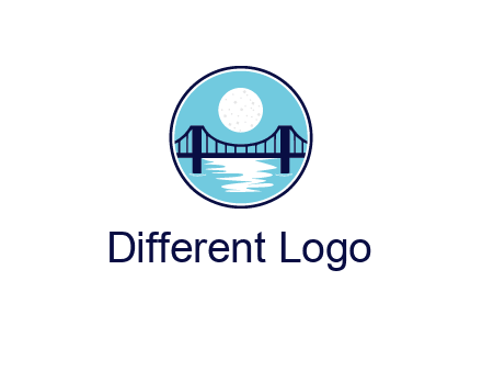 circular logo with a suspension bridge and the moon shining over water