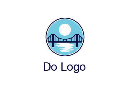 circular logo with a suspension bridge and the moon shining over water