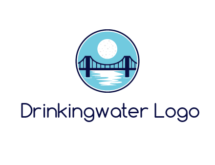 circular logo with a suspension bridge and the moon shining over water