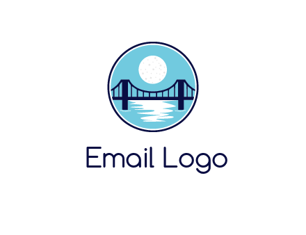 circular logo with a suspension bridge and the moon shining over water