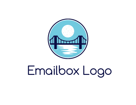 circular logo with a suspension bridge and the moon shining over water