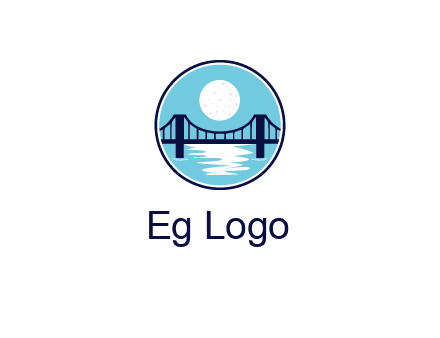 circular logo with a suspension bridge and the moon shining over water