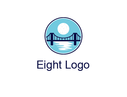 circular logo with a suspension bridge and the moon shining over water