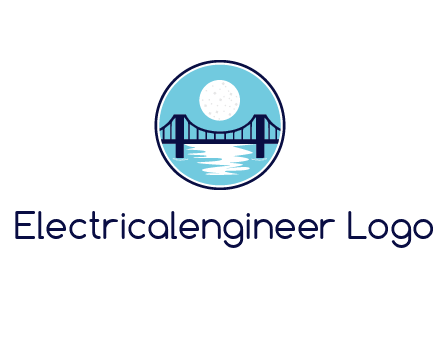 circular logo with a suspension bridge and the moon shining over water