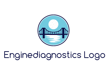 circular logo with a suspension bridge and the moon shining over water