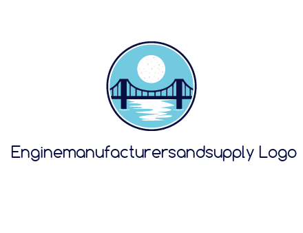 circular logo with a suspension bridge and the moon shining over water