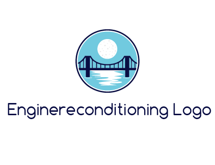 circular logo with a suspension bridge and the moon shining over water