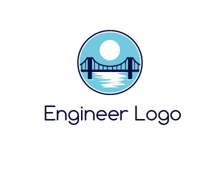 circular logo with a suspension bridge and the moon shining over water