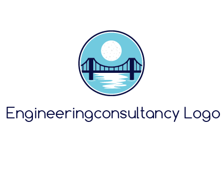 circular logo with a suspension bridge and the moon shining over water