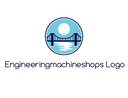 circular logo with a suspension bridge and the moon shining over water