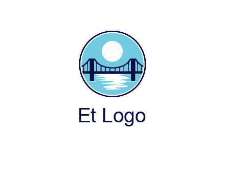 circular logo with a suspension bridge and the moon shining over water