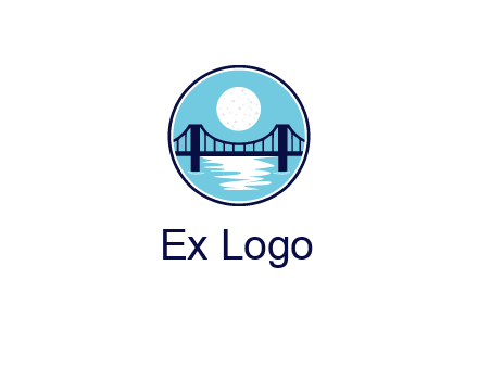 circular logo with a suspension bridge and the moon shining over water