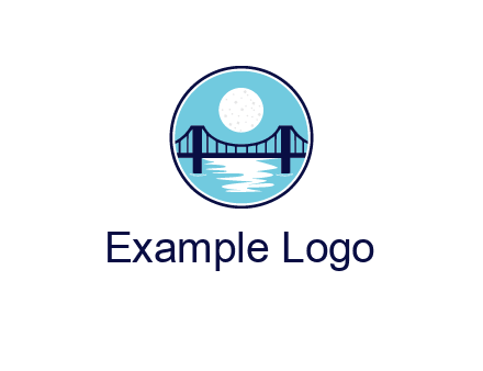 circular logo with a suspension bridge and the moon shining over water