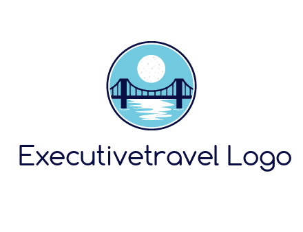 circular logo with a suspension bridge and the moon shining over water
