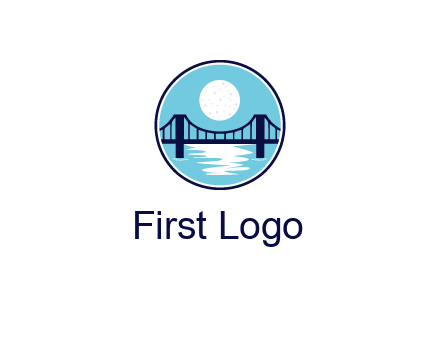 circular logo with a suspension bridge and the moon shining over water