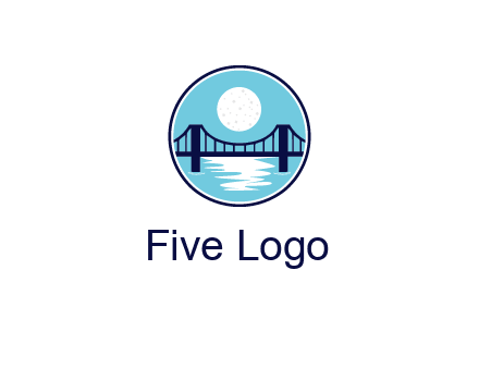 circular logo with a suspension bridge and the moon shining over water