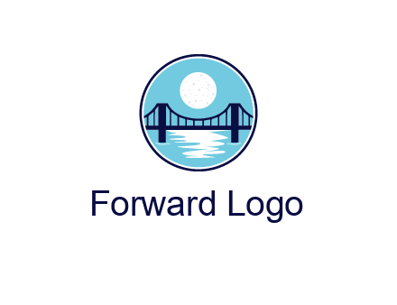 circular logo with a suspension bridge and the moon shining over water