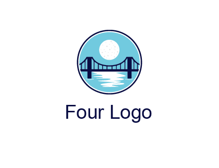circular logo with a suspension bridge and the moon shining over water