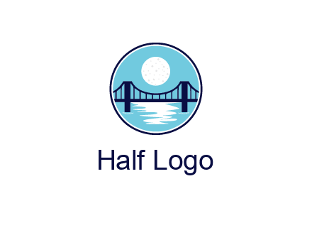 circular logo with a suspension bridge and the moon shining over water