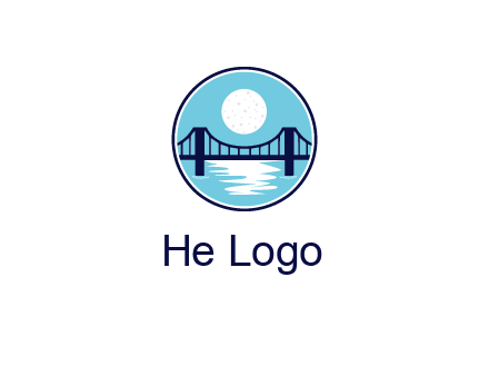circular logo with a suspension bridge and the moon shining over water