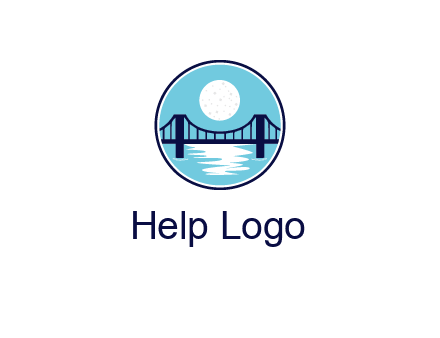 circular logo with a suspension bridge and the moon shining over water