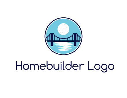 circular logo with a suspension bridge and the moon shining over water