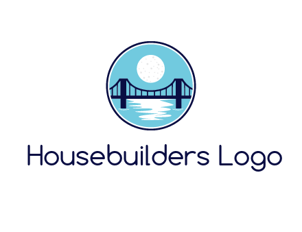 circular logo with a suspension bridge and the moon shining over water