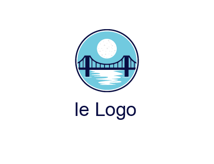 circular logo with a suspension bridge and the moon shining over water