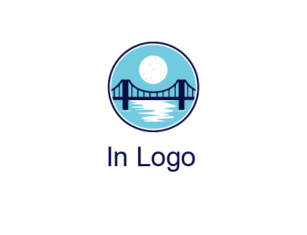 circular logo with a suspension bridge and the moon shining over water