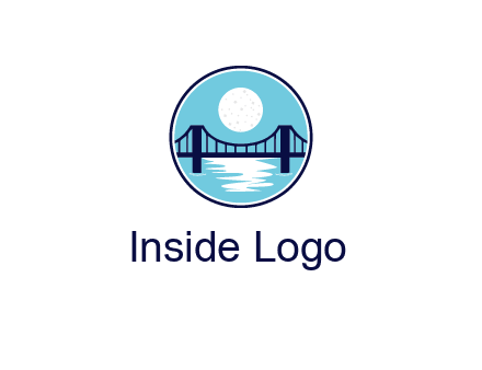 circular logo with a suspension bridge and the moon shining over water