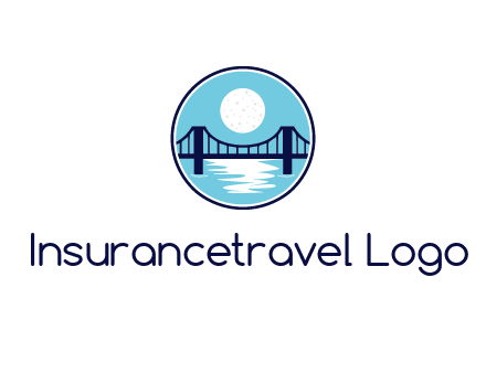 circular logo with a suspension bridge and the moon shining over water