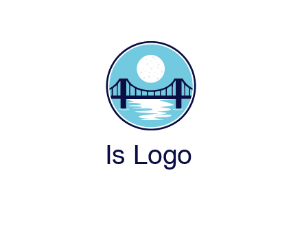 circular logo with a suspension bridge and the moon shining over water
