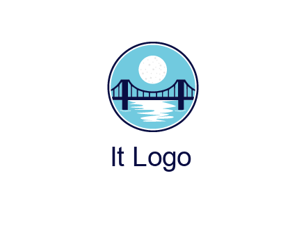 circular logo with a suspension bridge and the moon shining over water
