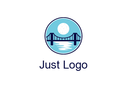 circular logo with a suspension bridge and the moon shining over water