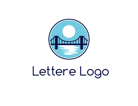 circular logo with a suspension bridge and the moon shining over water