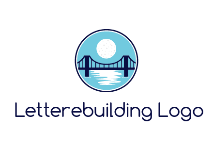 circular logo with a suspension bridge and the moon shining over water