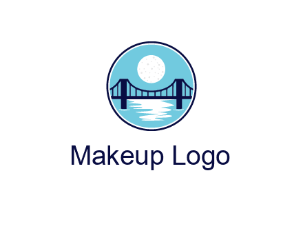 circular logo with a suspension bridge and the moon shining over water