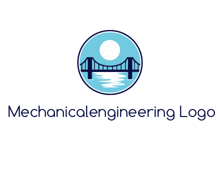 circular logo with a suspension bridge and the moon shining over water
