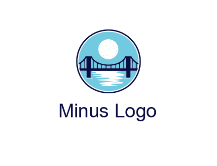 circular logo with a suspension bridge and the moon shining over water