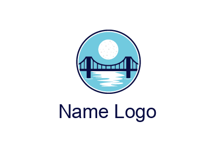 circular logo with a suspension bridge and the moon shining over water